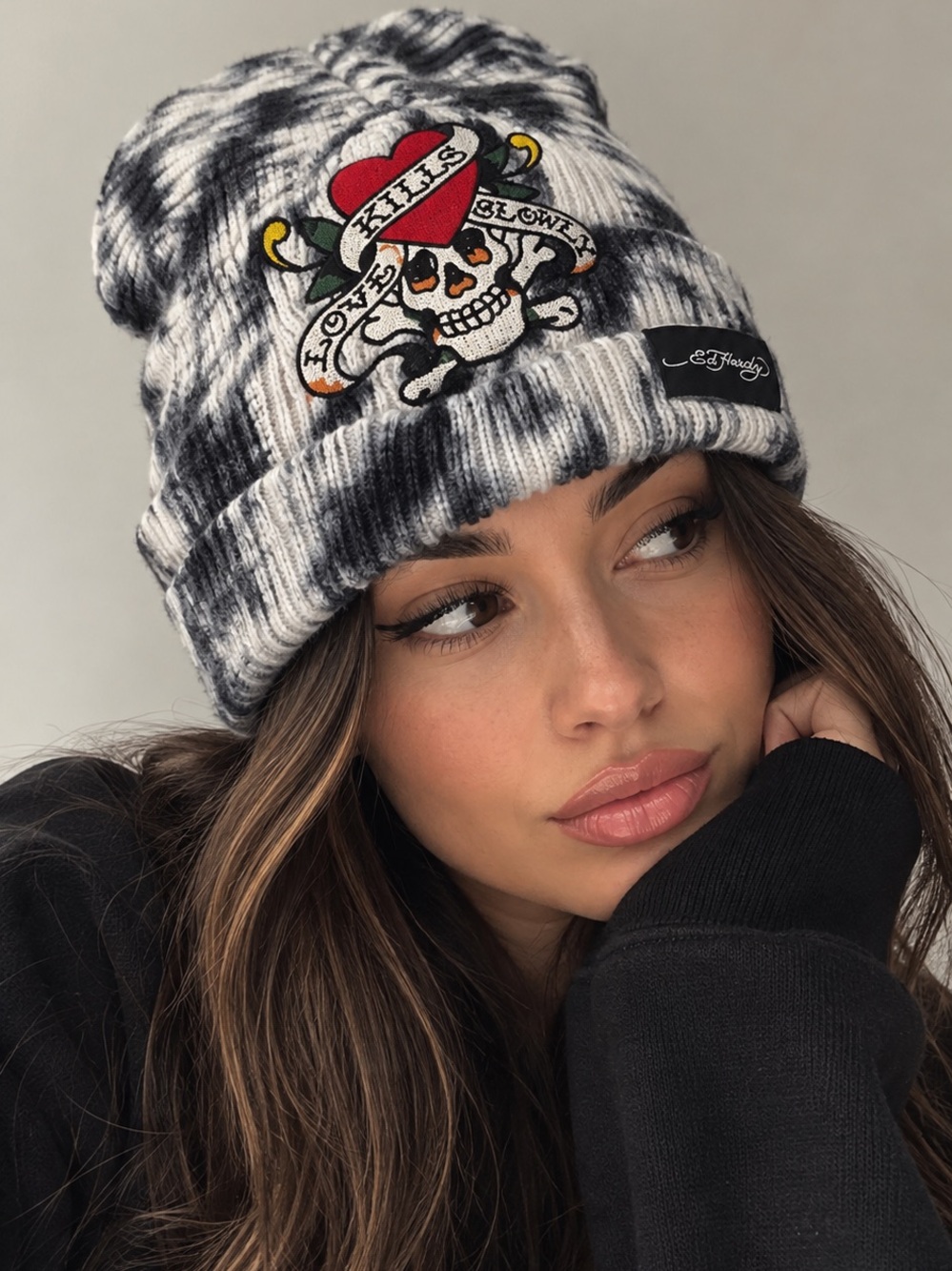 Ed Hardy Black & White Tie-Dye Beanie with Embroidered Skull Heart
